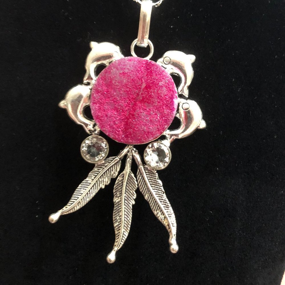 Handmade Dolphin 925 Stamped Sterling Silver Pink Druzy+ White-Topaz- Necklace